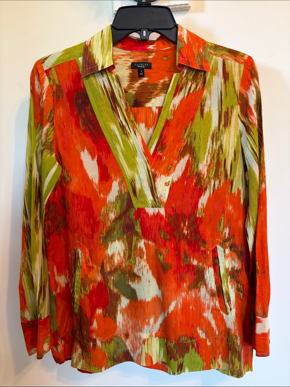 Talbots Cotton Silk Tunic Top 4 Orange Green Abstract Print V Neck Pockets